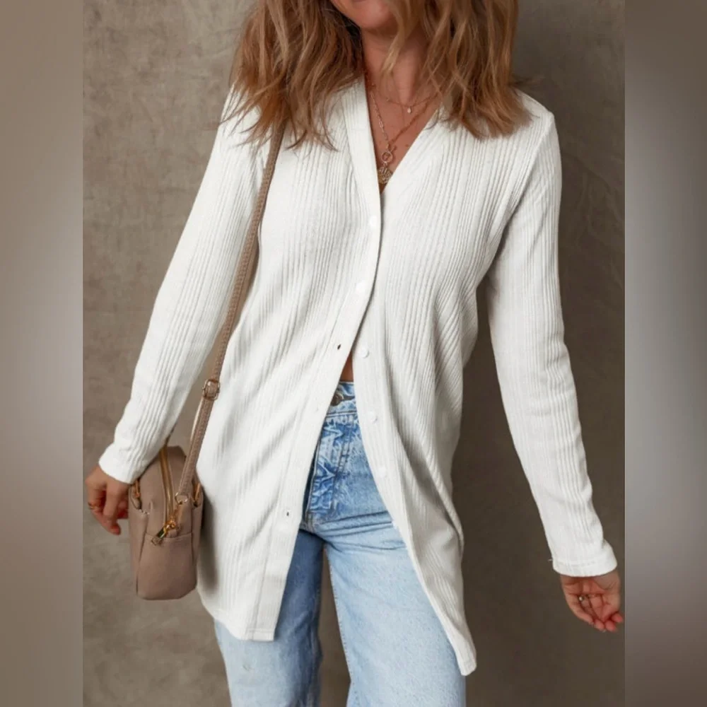 Cream Ribbed Cardigan - Picture 6 of 15